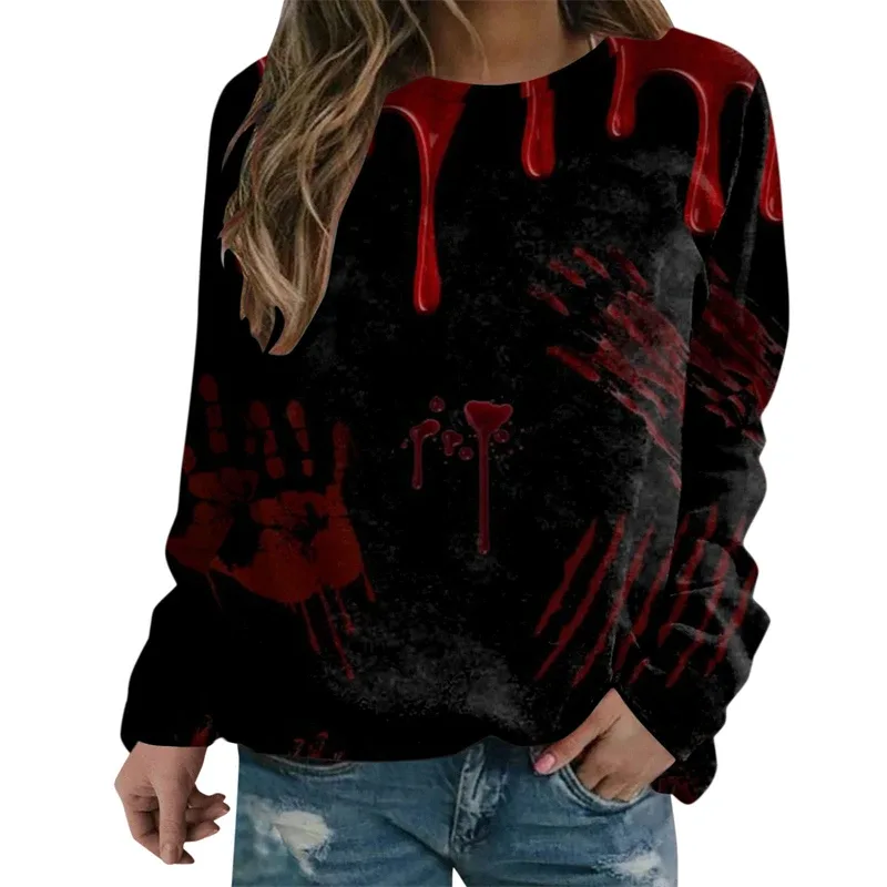 Sweatshirt Grafik Darah Keganasan Rekaan Pesta Halloween Pakaian Wanita Saya Baik Berdarah Wanita Sweater Wanita Seram Pullover Y2k