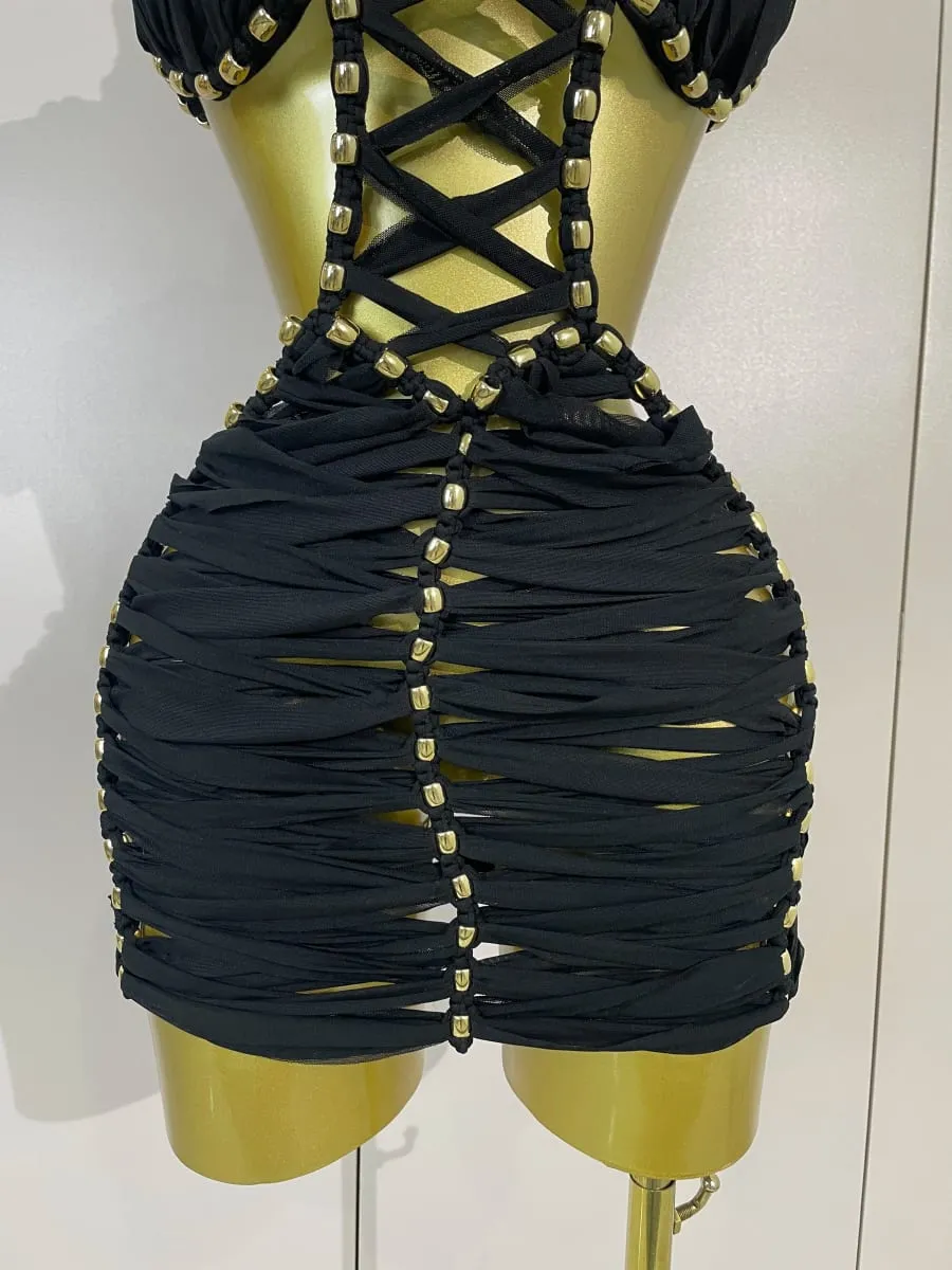 Sexy Black Halter Neck Perspective Hollow Mini Dresses 2026 Women Summer Backless Nightclub Party Evening Club Performance Dress