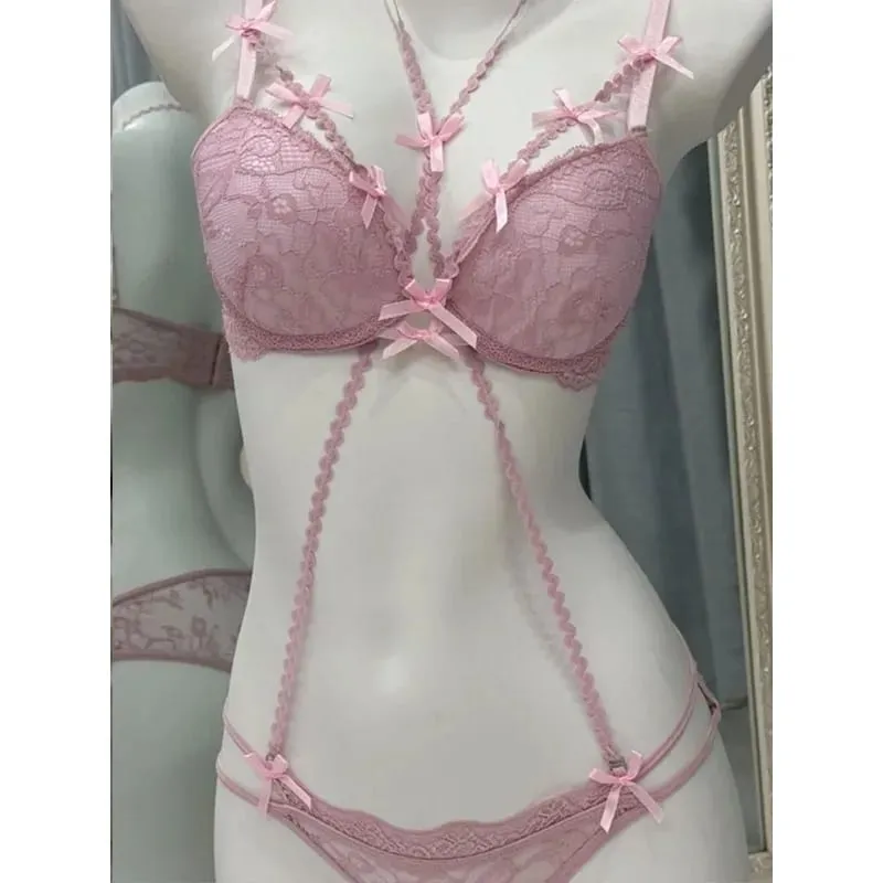 Boho Layered Lace Halter Bra Set - Hollow Out Bow Design Top Inner Red Lace Up Bra Summer Beach Two Piece Lingerie Set MOYISU
