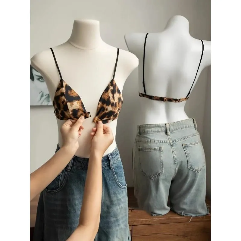 Hot Sale Leopard Print Bra French Triangle Front Closure Thin Beauty Back Spaghetti Strap Comfy Lingerie For Women Summer Daily — image 2