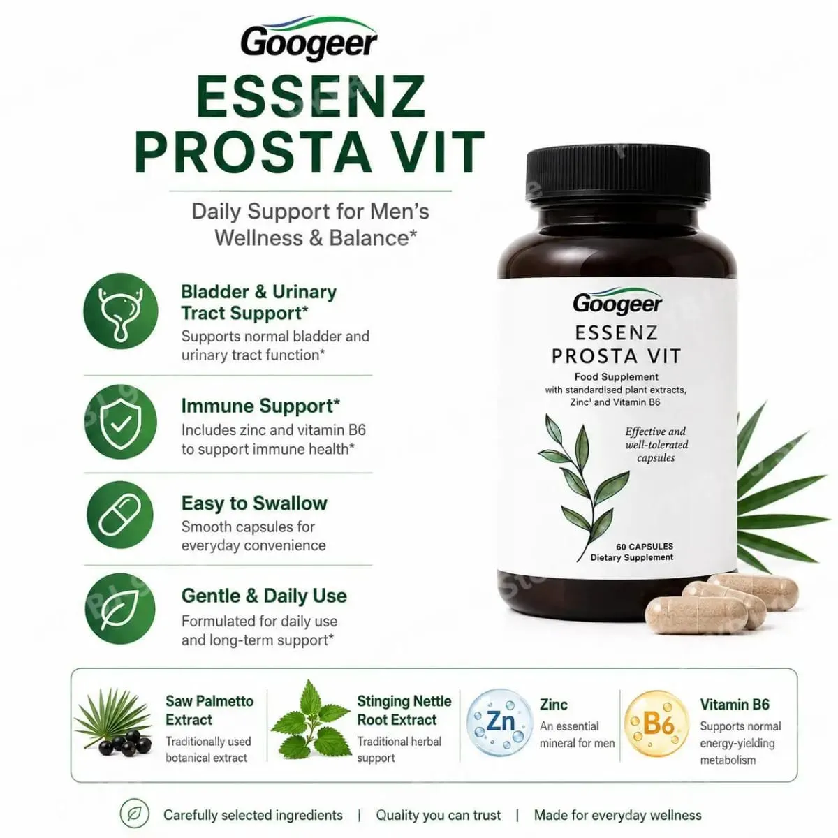 Googeer Prosta Vit Essenz Capsules for Men Bladder & Urinary Tract Health Support with Zinc Vitamin B6 Saw Palmetto 60 Count — image 1