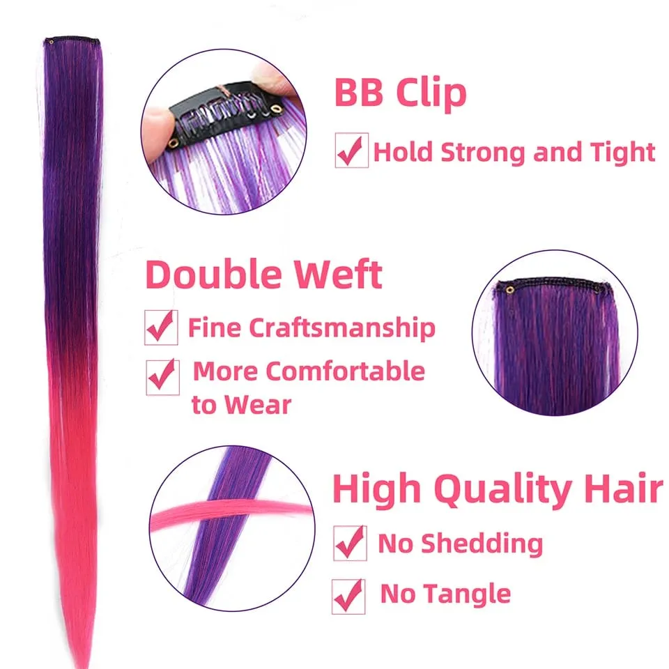 22 Inch Colored Highlight Synthetic Hair Extensions Rainbow Long Straight Hairpieces for Women Kids Girls Purple Pink Blue