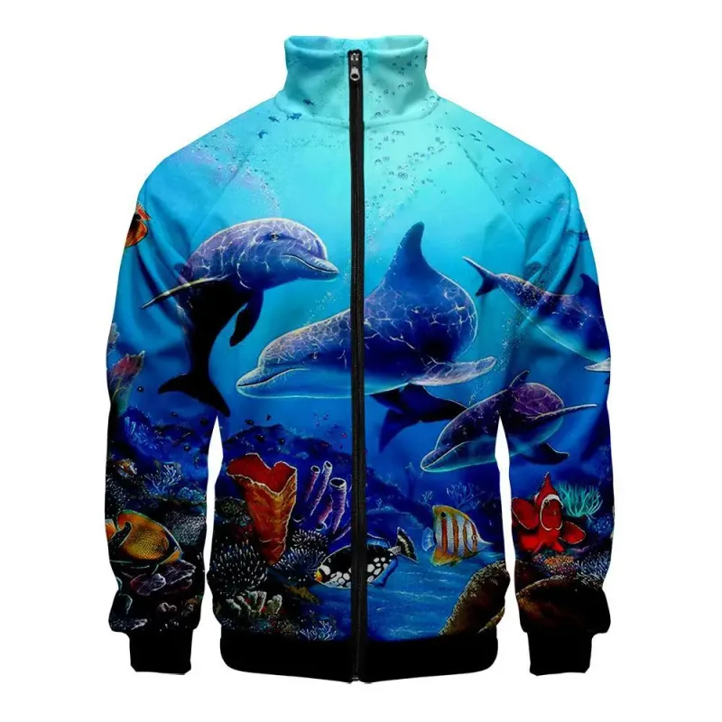Harajuku Popular Novelty dolphin 3D Print Zipper Raglan Jacket Windbreaker Boys/Girls Comfortable Stand Collar Jackets Coats