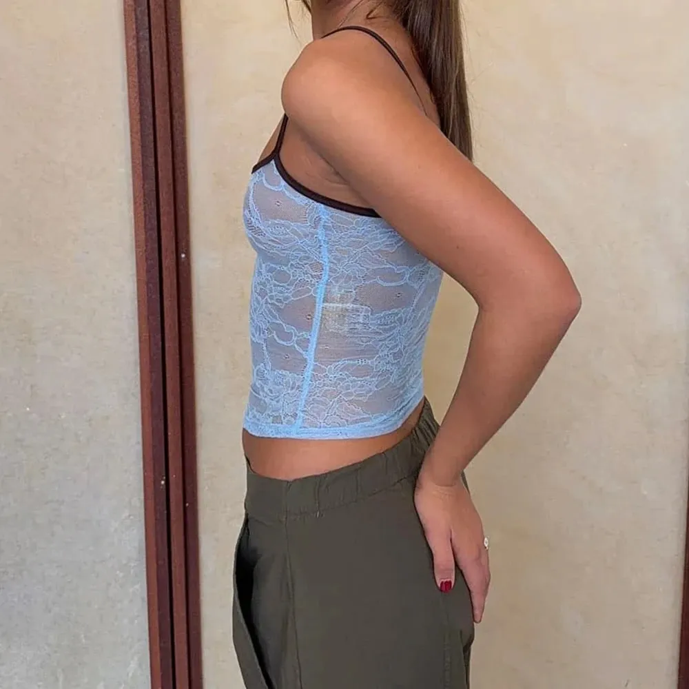 Women Fairycore Grunge Lace Tanks Tops Spaghetti Strap See Through Camisole Backless Slim Fit Crop Camis Sexy Going Out Tops