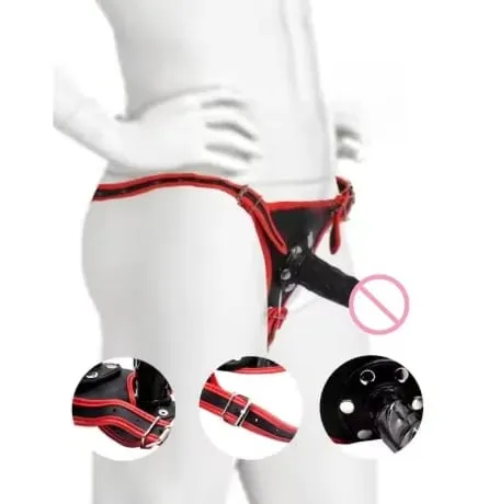 Three Headed Female Dildo Wearing Pants with Red Border Leather Detachable SM Pull-up Pants for Masturbation and Adult Sex Toys
