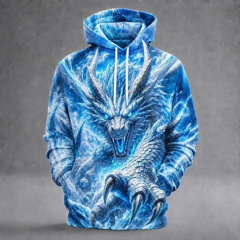 Men's Ice Dragon 3D Printed Hoodie Fantasy Dragon Graphic Lightning Ice Print Sweatshirt Long Sleeve Casual Streetwear — image 2