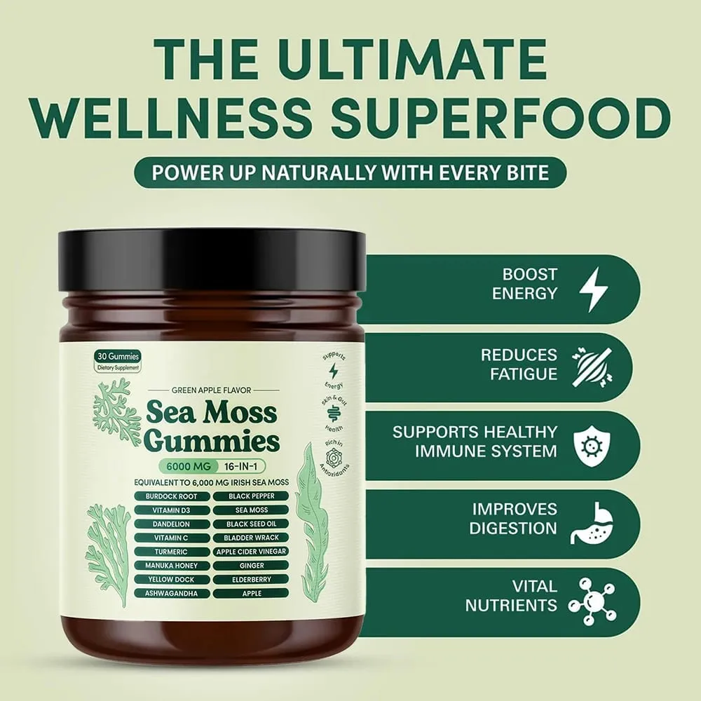 Sea Moss Gummies 16-in-1 Ashwagandha Black Seed Oil Bladder Wrack Turmeric Vitamin C D3 with Manuka Burdock Root Dandelion Apple — image 1