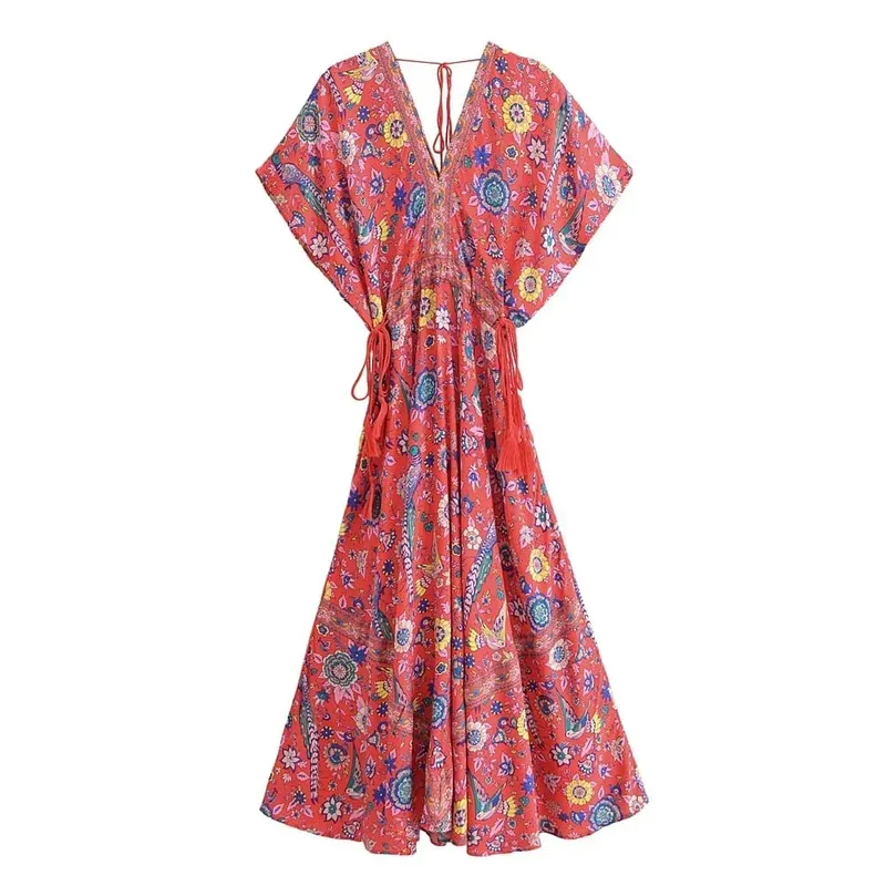 Boho Queens femmes paon imprimé fleuri manches chauve-souris plage bohème Maxi robes dames col en V gland robe d'été robes — image 9
