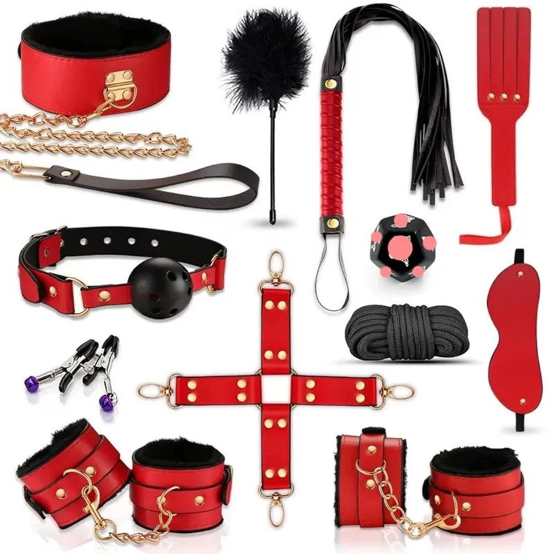 Erotic Bed Bondage Kits Slave Restraint Bondage Set Genuine leather Collar Mouth Gag Whips Handcuffs Adult Sex Toys For Couples