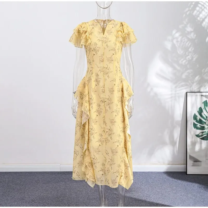 Floral Print Stand Collar Ruffled Tiered Dress Waist Cinched Flutter Sleeve 2026 Summer Women Dress Casual Delicate Lady Vestido