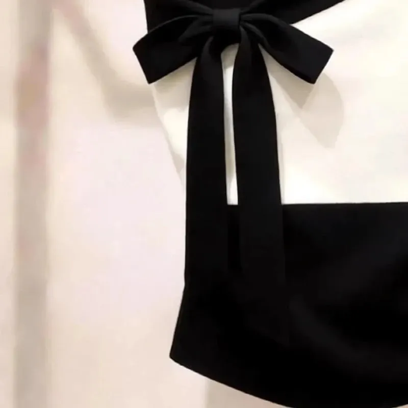 Summer New Contrast Bow Patchwork Off Shoulder Sexy Tanks Slim Sleeveless Elegant T Shirt Tops Temperament Trend Women Clothing