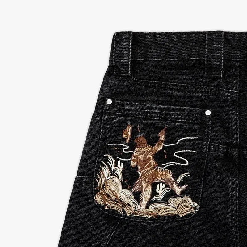 Men Black Baggy Jeans with Warrior Embroidery Pockets Wide Leg Denim Pants Y2K Streetwear Hip Hop Trousers