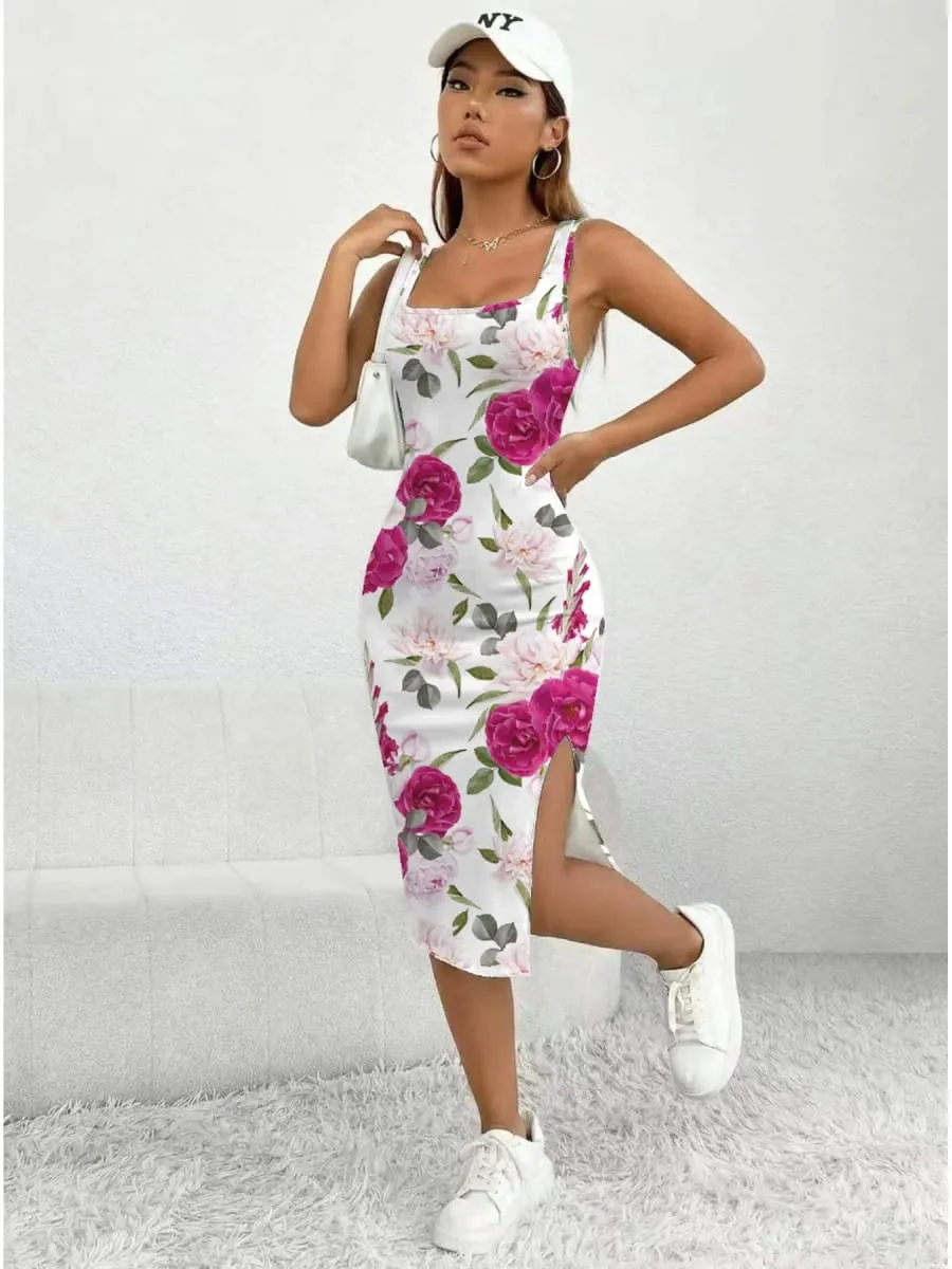 Women's Floral Print Sleeveless Dress Casual Elegant Comfortable Mid-Length Skirt with Thick Shoulder Strap Square Neck Slit