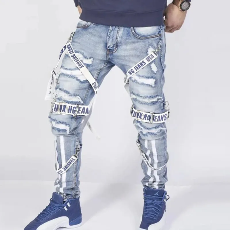 Men's jeans slim fit motorcycle straps blue denim trousers washed blue cut holes multi-craft hip-hop streetwear daily men Pants