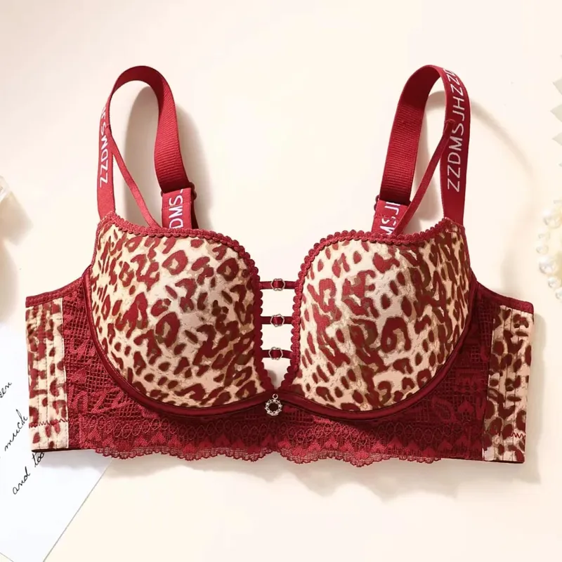 plus Size Thin Wireless Minimizer Bra Leopard Print Gather Anti-Sagging Comfort Lingerie for Big Bust Women