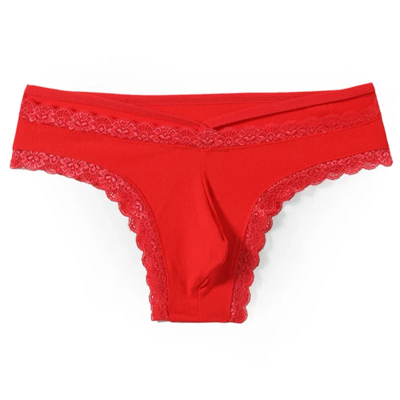 Hommes dentelle Rrim Sissy Gay slips sans couture sous-vêtements taille moyenne poche bombée Lingerie solide hommes dentelle bord Lingerie