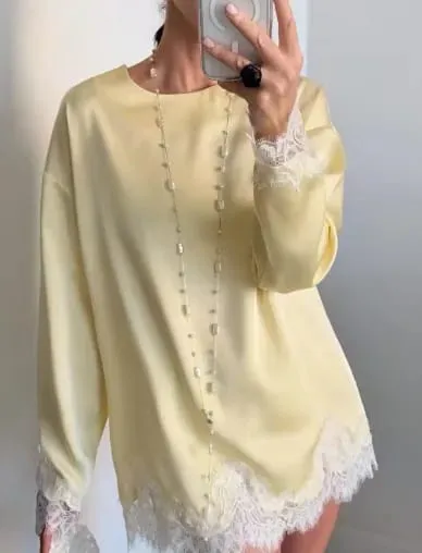 Women Elegant Lace Patchwork Lace-up Dress Solid Round Neck Full Sleeve Satin Loose Mini Dresses 2026 Spring Party Club Vestido