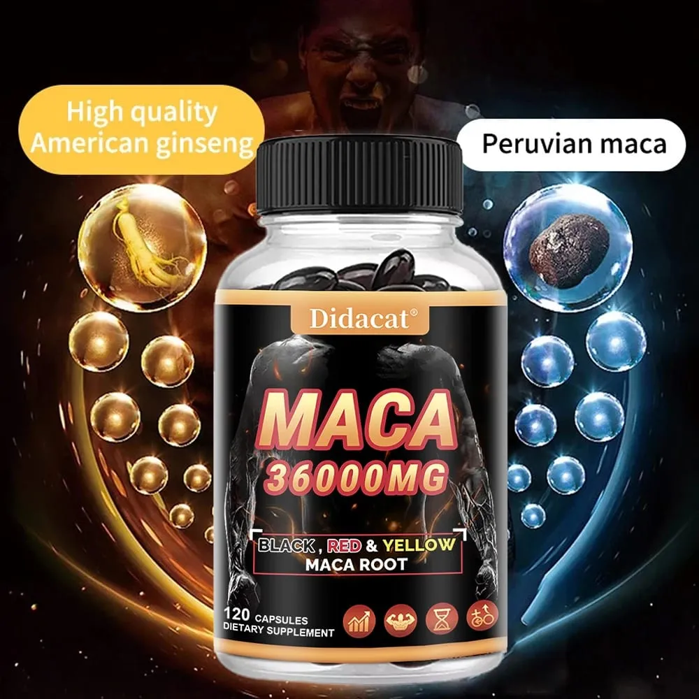 Organic Maca Root Powder Capsules with Black + Red + Yellow Maca Root Extract Supplement for Men and Women - 120 Capsules