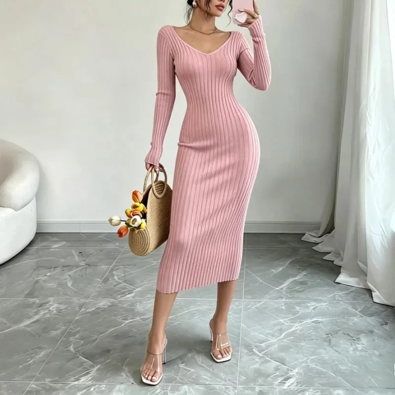 Women Solid Color V‑Neck Ribbed Knit Maxi Sweater Dress Elastic Long Sleeve Bodycon Dress Ladies Casual Party Fashion Dresses