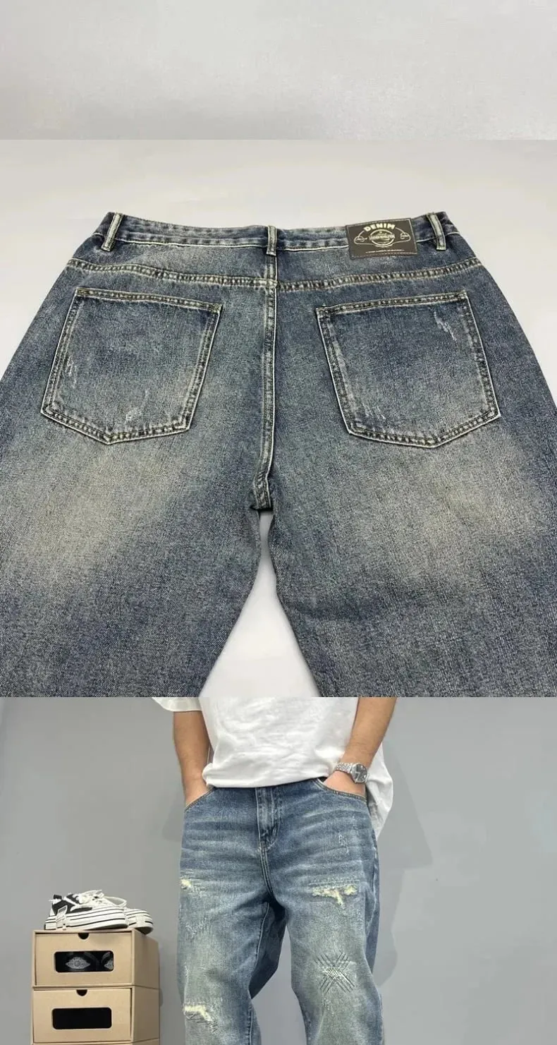 2025Heavy Duty Washed and Scraped Denim Men's Trendy High-end Embroidered Printed Loose Tapered Straight Leg Jeans