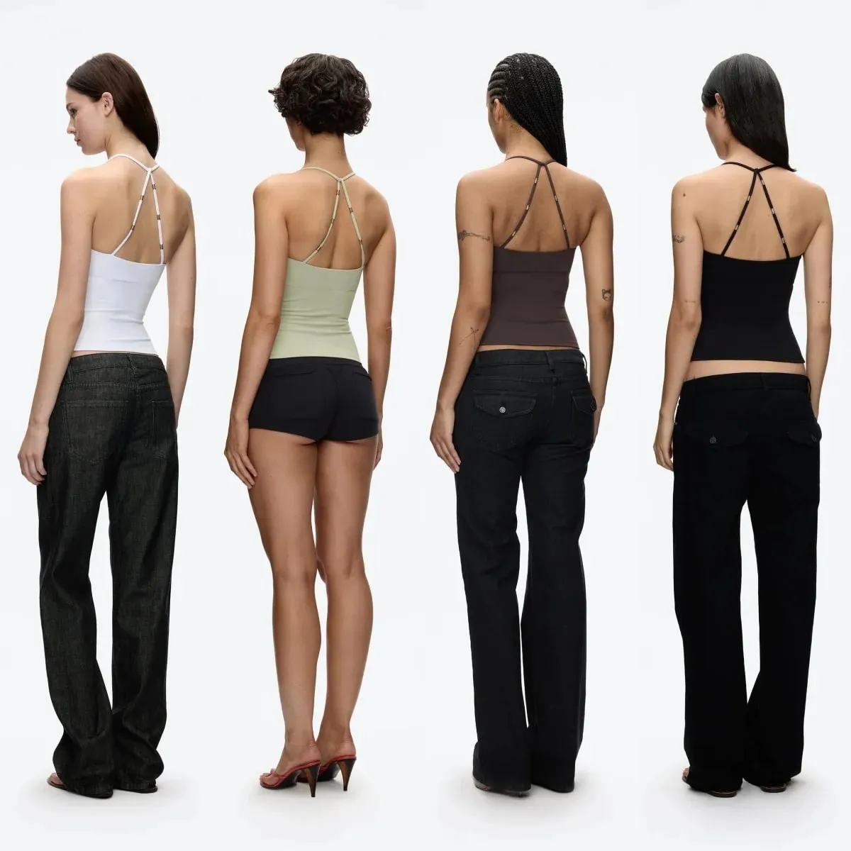 Halter-top med kryds-ryg skræddersyet talje-Cinching Camisole U-hals Halter-tanktop Metaludsmykket slim-fit-top til lag eller brug alene
