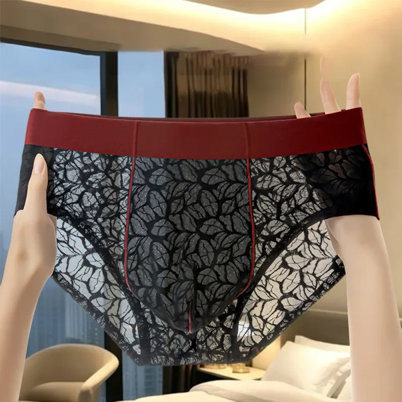 Homens de seda gelo ultra-fino breve roupa interior sem costura renda jacquard respirável pantie 3d bulge bolsa lingerie de malha transparente — image 7