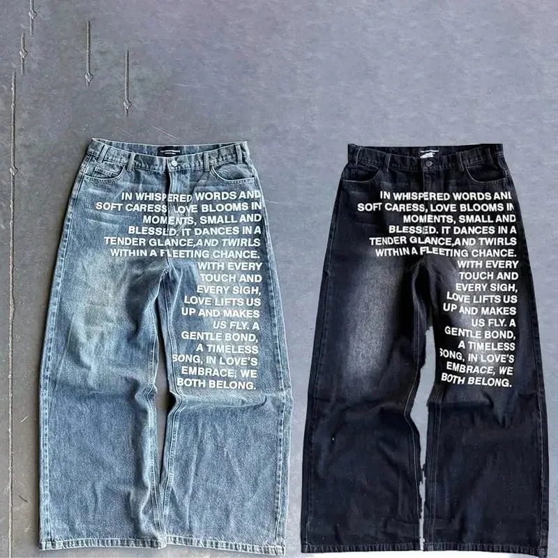 American Retro Men Alphabet Patterned Letter Jeans High Street Clothing Y2K Goth Women Unisex Baggy Casual Wide Leg Mopping Pant — image 8