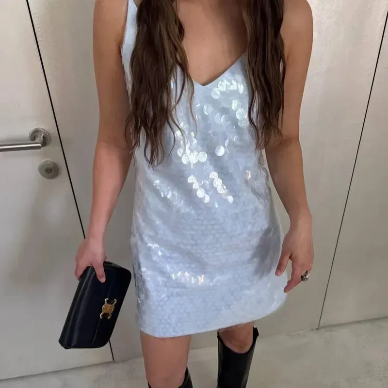 2026 Women White Sequins Mini Dress Sexy Deep V-neck Spaghetti Strap Loose Vestido New Fashion Summer Club Party Evening Dresses — image 11