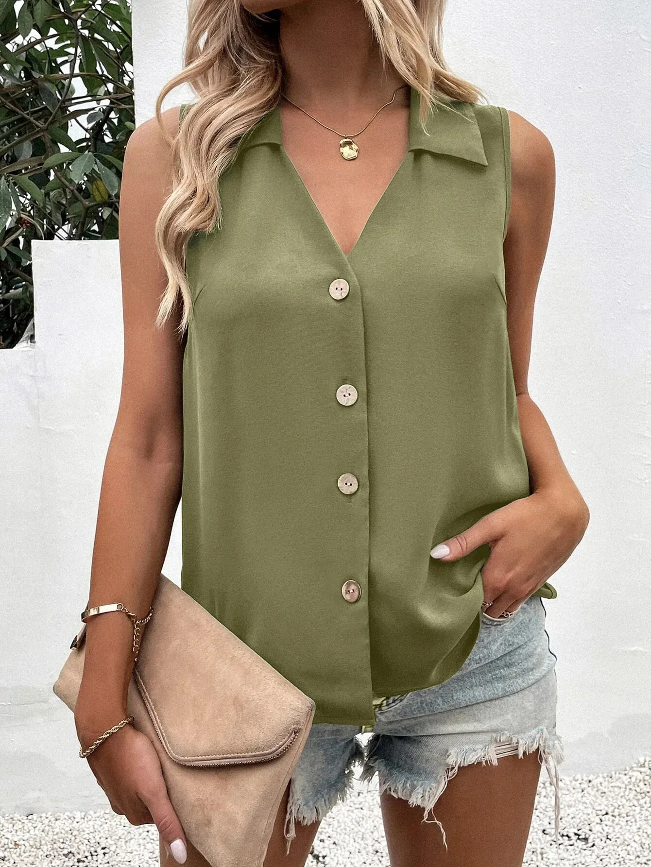 Women's V-Neck Button Chiffon Blouse Summer Lightweight Loose Casual Sleeveless Top Office Lady Solid Color Basic Vest — image 9