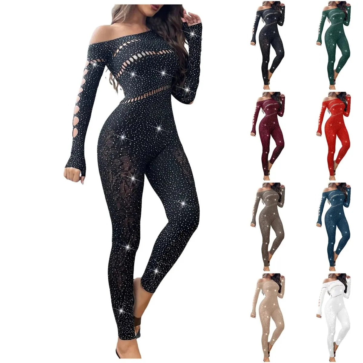 Kvinder Sexet Mesh Rhinestone Jumpsuit Langærmet Se Through High Stretch Body Strømper Jumpsuit Club Plus Size Stock Lingeri — image 4