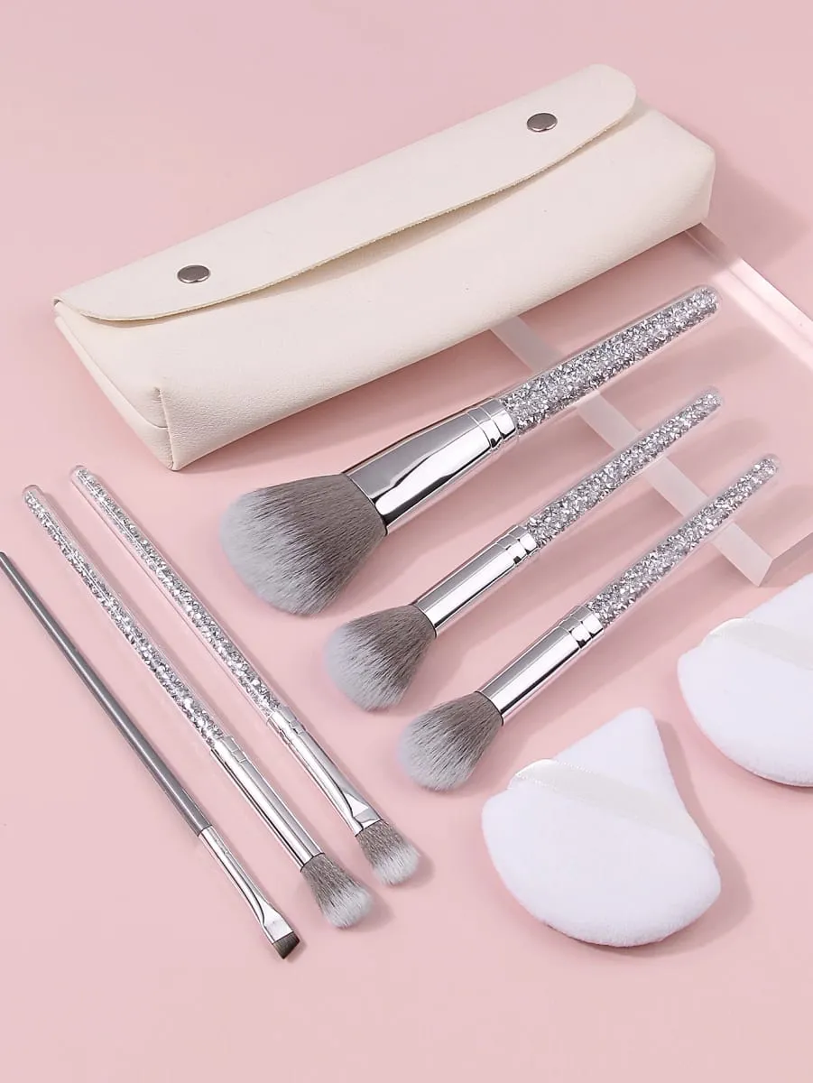 9Pcs Glitter Handle Makeup Brushes Set with Triangle Powder Puff Portable Storage Bag Foundation Blush Eyeshadow Blending Tools