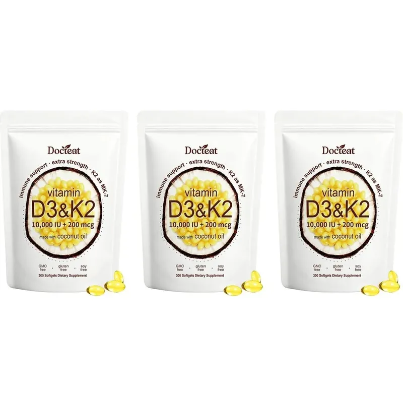 Docteat Vitamin D3 & K2 Softgels with Immune Support and Bone Health Coconut Oil GMO Free Gluten Free Soy Free 300 Softgels