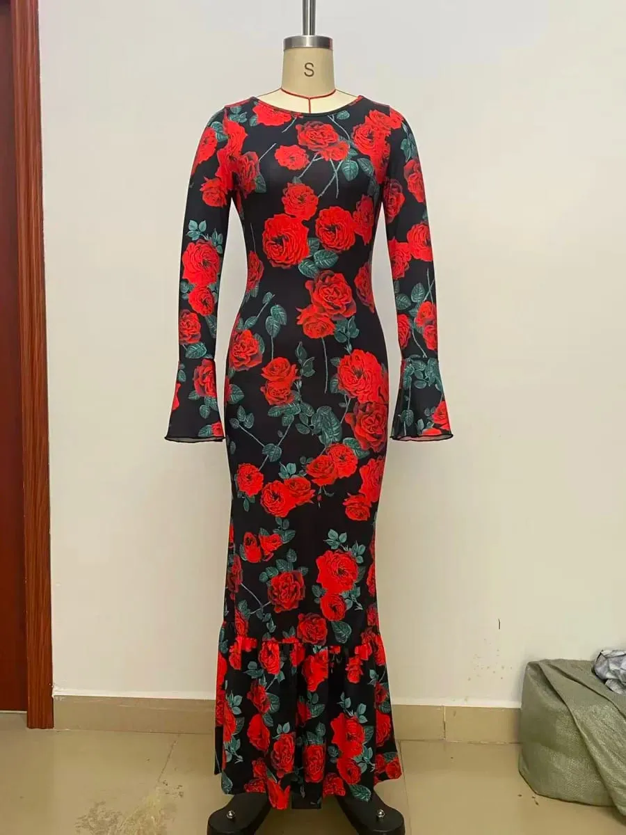 Elegant Rose Printed Maxi Dress O Neck Long Sleeves Bodycon Fishtail Dress Figure Slim Rose Floral Pattern Adds Charm Long Dress — image 6