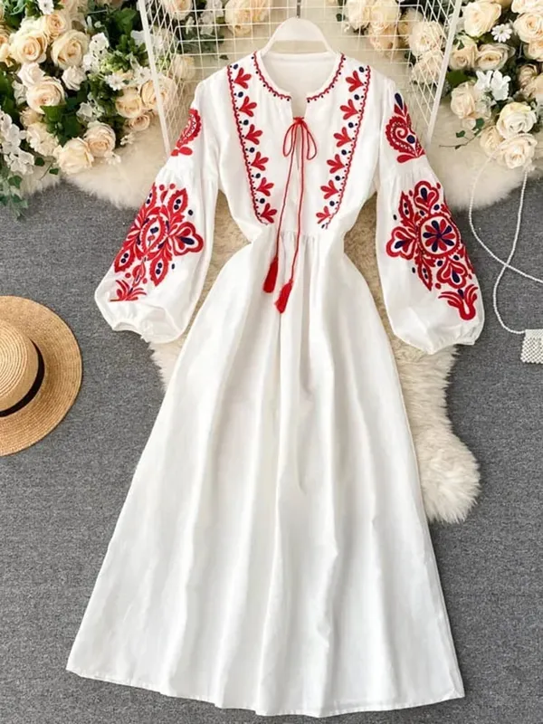Női őszi ruhák Bohém hímzett virágos O-nyakú lámpás ujjú, magas derékú, redőzött ruha, Női Vestidos PL393