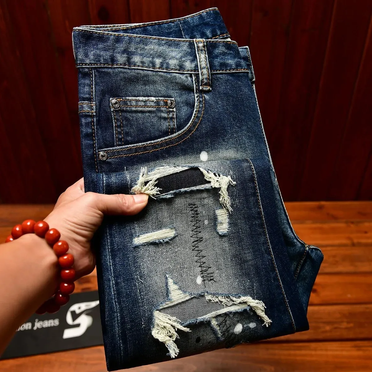 High end nostalgic jeans for men slim fit with small holes patches scraped inkjet street trend elastic retro denim pants — image 11