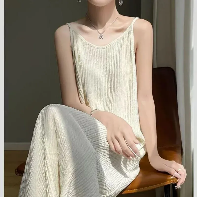 Original Black White Chiba Pleated Suspender Fashion Slimming Dress Women's Casual All-Match Loose Drooping Dress — image 2