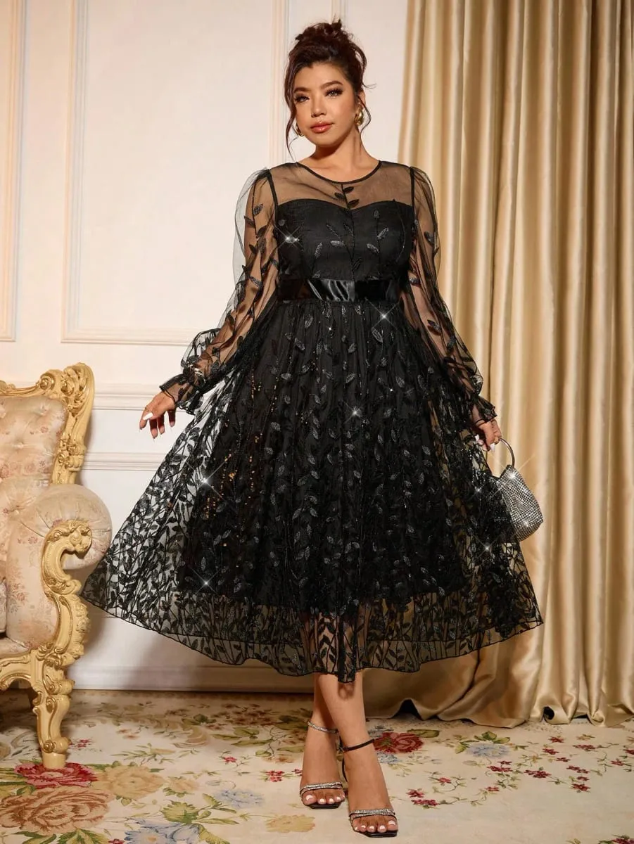 Sophisticated Dinner Dress with Sheer Sleeves and Sparkling Details for Galas — image 2