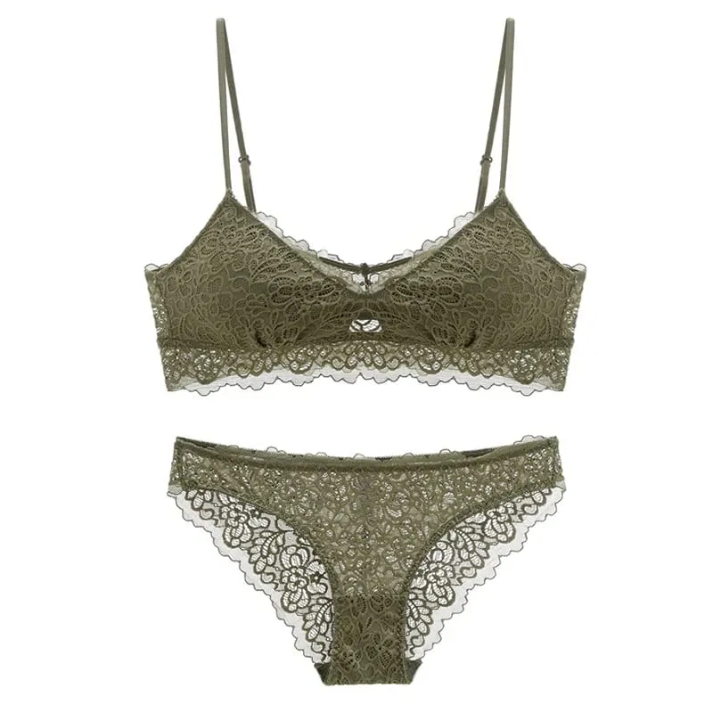 triangle full lace wire free pullover cotton Brassiere with pad and panties small underwear sets hollow out comfortable — image 2