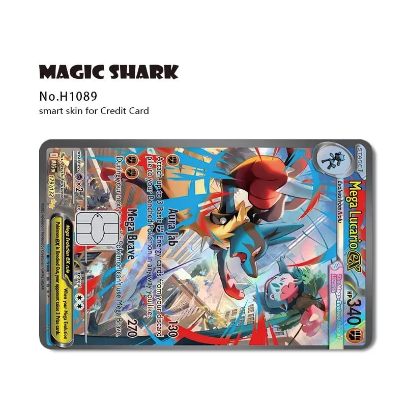 Magic Shark Mew Charizard EX Eevee Gengar Pikachu TCG-kort holografisk laser hudfilmsdekal för bankkreditkort
