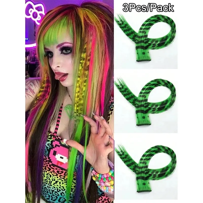 3Pcs Leopard Print Hair Extensions Synthetic Stripe Printed Hair Piece Colorful Long Straight Clip In Hair For Women Girls Party — image 16