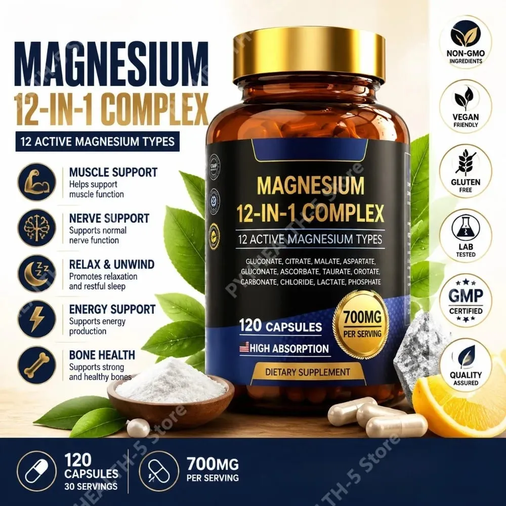 Magnesium 12-in-1 Complex Capsules 700mg Vegan Non-GMO Gluten-Free Supports Daily Nutrition & Relaxation 120 Count