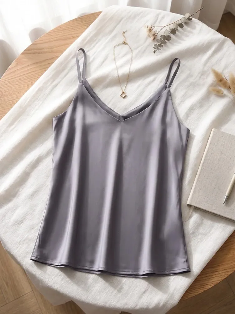 2026 Summer Spaghetti Strap Women Tank Top Halter V Neck Basic White Cami Sleeveless Satin Silk Tops Women'S Camisole