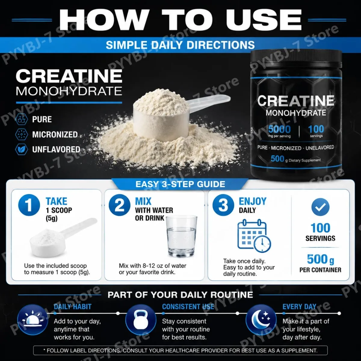 Pure Micronized Creatine Monohydrate Powder 5000mg Per Serving Sports Exercise Performance Support Supplement 100 Servings