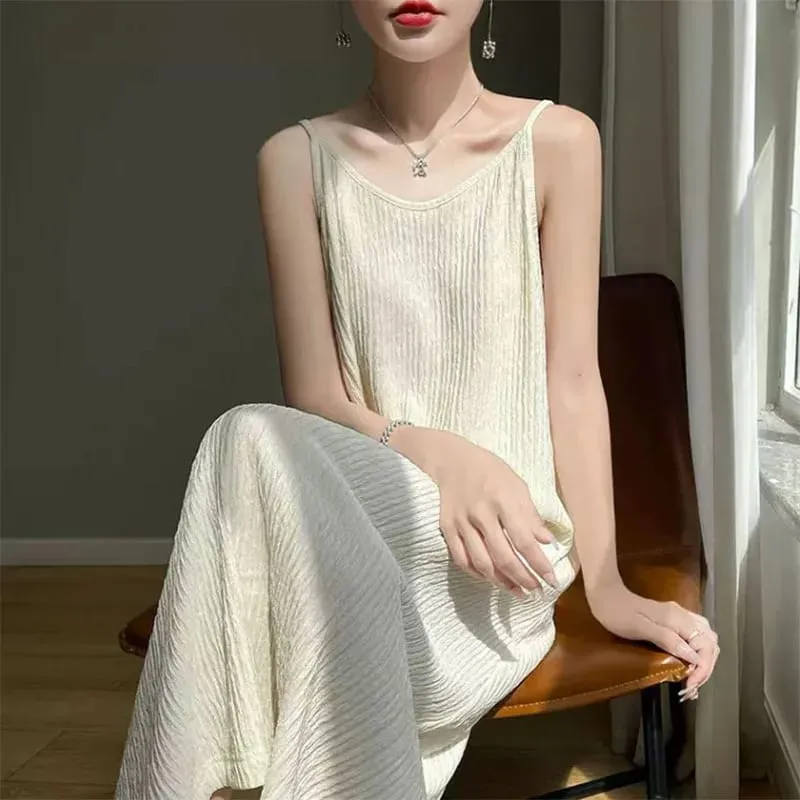 Women Spaghetti Strap Dress 2026 Summer Solid Color Loose Long Beach Sundress Lasy Elegant Sleeveless Evening Party Midi Dresses