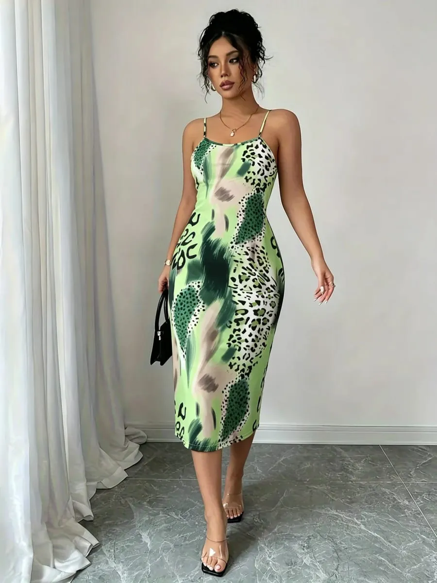 Women Spaghetti Strap Midi Dress Green Leopard Print Bodycon Casual Dress Summer Sexy Party Cocktail Clubwear Date Dress — image 2