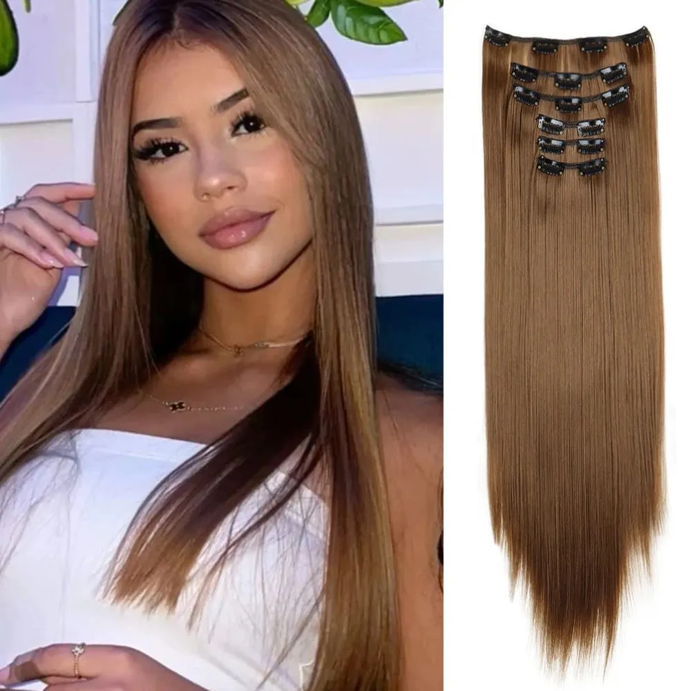 Black Hair Extensions 24"/60cm 6pcs/set Women Long Straight Synthetic Full Head Clip 16 Clips Ombre Heat Resistant Fiber Hair