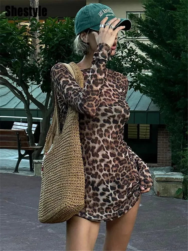 Shestyle Leopardo Sexy Abito a trapezio Donna Set a due pezzi Maglia trasparente Moda estremamente calda High Street Animal Print Elegante — image 2