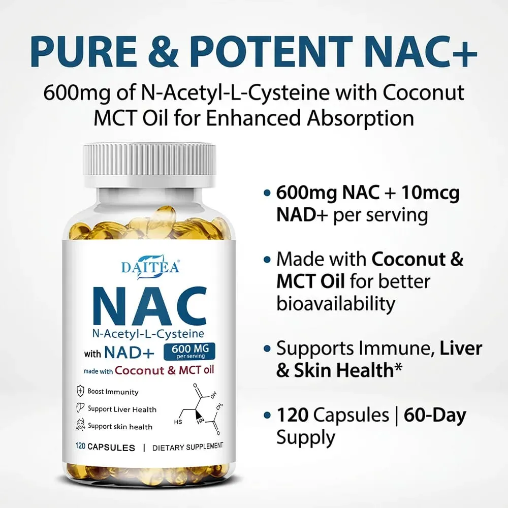 N-Acetyl Cysteine NAC Supplement with NAD+ Antioxidant Support Support Liver Health Skin Health Gluten Free 120 Capsules — image 4