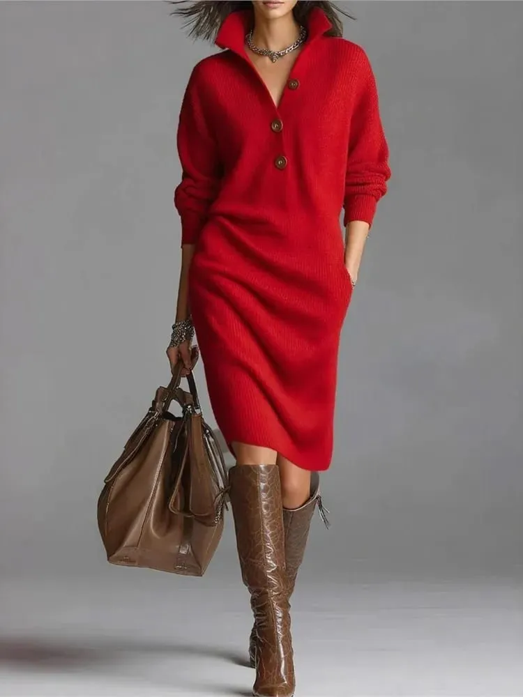 New Autumn Casual Button Loose Straight Knitting Mid-Length Sweater Dresses Women's Fashion Lapel Long Sleeve Pocket Party Dress