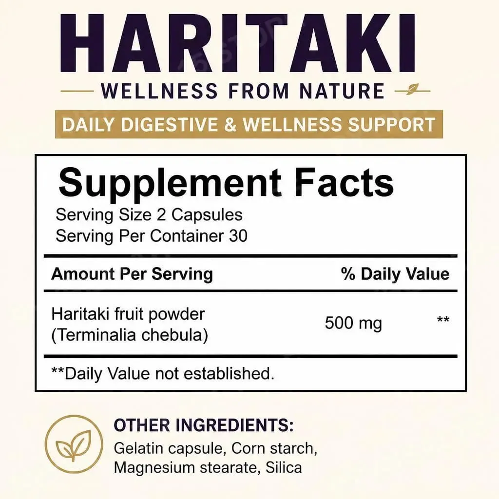 Haritaki Fruit Powder Capsules Supports Digestive Balance and Gut Health Mental Focus Single Ingredient 30 Servings 60 Capsules — image 2